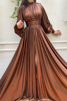 Brown Fashion Solid Hollowed Out Patchwork Slit Turtleneck Long Sleeve Dresses