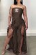 Coffee Fashion Sexy Letter Print Flounce Slit Strapless Jumpsuits