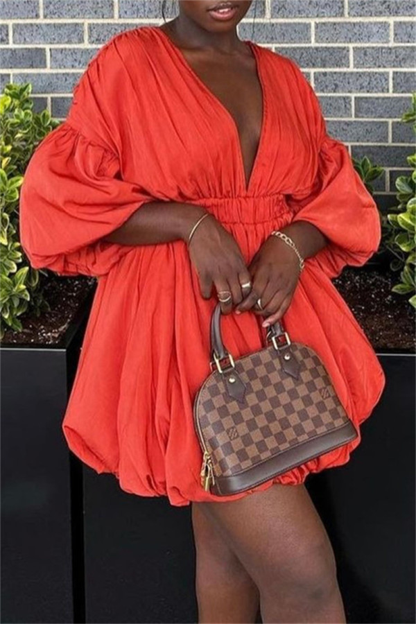 Tangerine Red Fashion Casual Solid Patchwork V Neck A Line Dresses