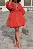 Tangerine Red Fashion Casual Solid Patchwork V Neck A Line Dresses