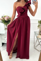 Burgundy Sexy Elegant Print Patchwork Flounce Oblique Collar Dresses