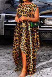 Leopard Print Casual Print Patchwork Asymmetrical O Neck Irregular Dress Dresses