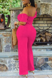 Rose Red Sexy Casual Solid Backless Off the Shoulder Regular Jumpsuits