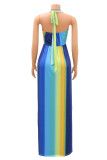Blue Sexy Striped Print Bandage Patchwork Backless Slit Halter Straight Jumpsuits