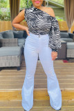 Black White Sexy Casual Print Hollowed Out Oblique Collar Tops
