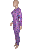 Purple Sexy Butterfly Print Patchwork Zipper Collar Skinny Jumpsuits