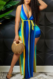 Blue Sexy Striped Print Bandage Patchwork Backless Slit Halter Straight Jumpsuits