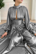 Silver Fashion Solid Hollowed Out Patchwork Slit Turtleneck Long Sleeve Dresses