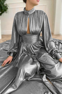 Silver Fashion Solid Hollowed Out Patchwork Slit Turtleneck Long Sleeve Dresses
