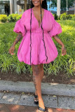 Tangerine Red Fashion Casual Solid Patchwork V Neck A Line Dresses