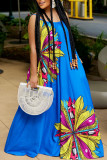 Blue Sexy Casual Print Backless Spaghetti Strap Long Dress