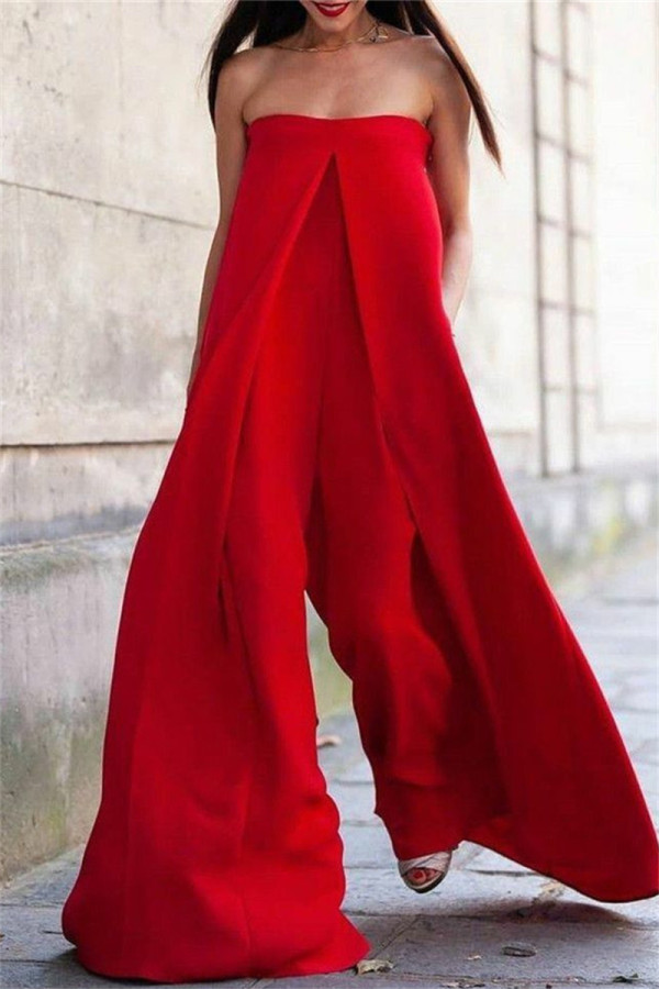 Red Sexy Casual Solid Patchwork Backless Strapless Regular Jumpsuits
