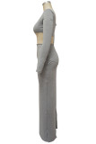 Grey Sexy Solid Patchwork Slit Asymmetrical Square Collar Long Sleeve Two Pieces