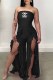Black Fashion Sexy Letter Print Flounce Slit Strapless Jumpsuits