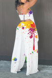 White Fashion Patchwork Tie-dye Spaghetti Strap Sleeveless Two Pieces