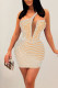 Apricot Sexy Solid Patchwork Beading Asymmetrical Hot Drill Asymmetrical Collar Pencil Skirt Dresses