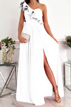 White Sexy Elegant Print Patchwork Flounce Oblique Collar Dresses