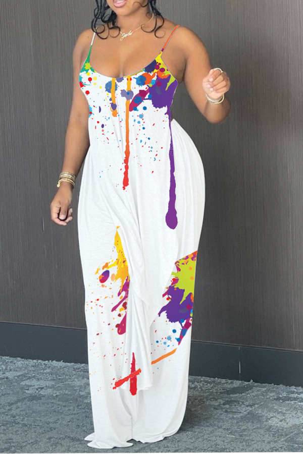 White Fashion Patchwork Tie-dye Spaghetti Strap Sleeveless Two Pieces