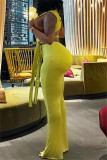Yellow Sexy Casual Solid Bandage Patchwork Turtleneck Sleeveless Two Pieces