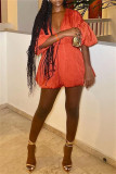 Tangerine Red Fashion Casual Solid Patchwork V Neck A Line Dresses