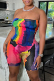Multicolor Sexy Casual Print Backless Strapless Skinny Romper
