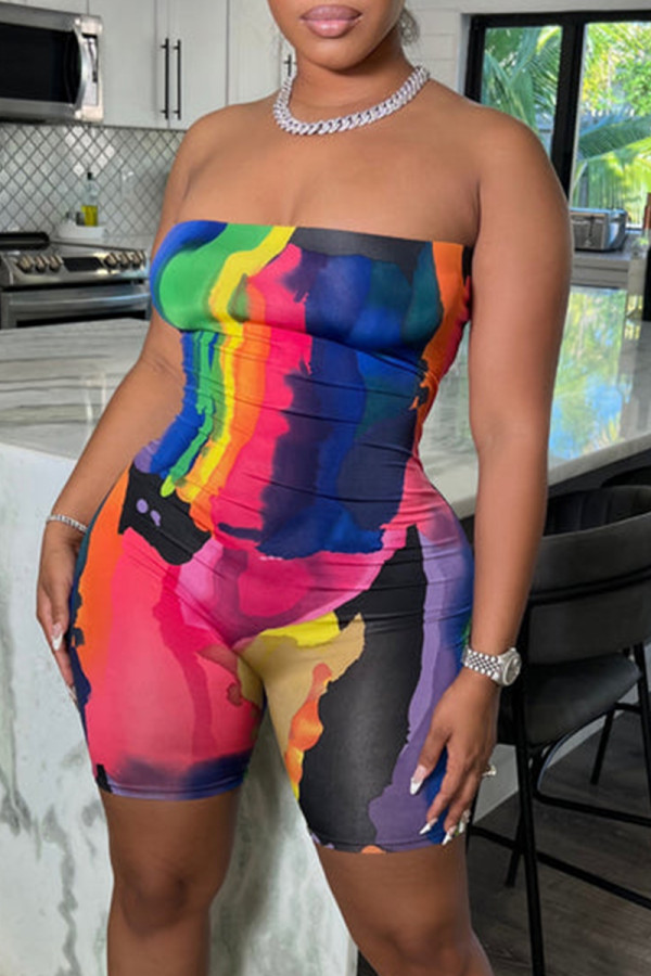 Multicolor Sexy Casual Print Backless Strapless Skinny Romper