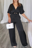 Rose Red Fashion Casual Solid Hollowed Out Patchwork V Neck Regular Jumpsuits