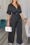 Rose Red Fashion Casual Solid Hollowed Out Patchwork V Neck Regular Jumpsuits