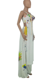 White Fashion Patchwork Tie-dye Spaghetti Strap Sleeveless Two Pieces