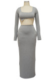 Grey Sexy Solid Patchwork Slit Asymmetrical Square Collar Long Sleeve Two Pieces