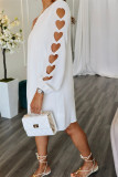 White Fashion Casual Solid Hollowed Out Backless Oblique Collar Long Sleeve Dresses