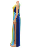 Blue Sexy Striped Print Bandage Patchwork Backless Slit Halter Straight Jumpsuits