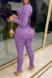 Purple Sexy Butterfly Print Patchwork Zipper Collar Skinny Jumpsuits