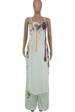 White Fashion Patchwork Tie-dye Spaghetti Strap Sleeveless Two Pieces