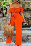 Rose Red Sexy Casual Solid Backless Off the Shoulder Regular Jumpsuits