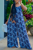 Blue Sexy Casual Print Backless Spaghetti Strap Regular Jumpsuits