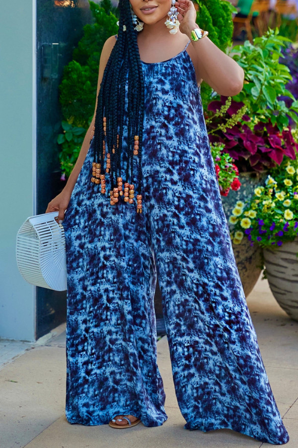 Blue Sexy Casual Print Backless Spaghetti Strap Regular Jumpsuits