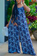 Blue Sexy Casual Print Backless Spaghetti Strap Regular Jumpsuits