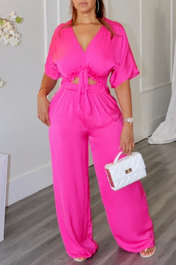 Rose Red Fashion Casual Solid Hollowed Out Patchwork V Neck Regular Jumpsuits