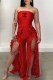 Red Fashion Sexy Letter Print Flounce Slit Strapless Jumpsuits