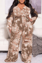 Coffee Casual Print Bandage Patchwork V Neck Plus Size Jumpsuits