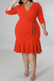 Red Fashion Casual Solid Bandage Patchwork V Neck Wrapped Skirt Plus Size Dresses
