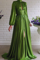 Green Fashion Solid Hollowed Out Patchwork Slit Turtleneck Long Sleeve Dresses