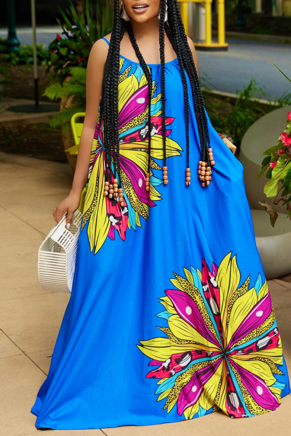 Blue Sexy Casual Print Backless Spaghetti Strap Long Dress