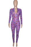 Pink Sexy Butterfly Print Patchwork Zipper Collar Skinny Jumpsuits