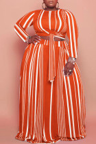 Tangerine Red Casual Striped Print Bandage Patchwork O Neck Long Sleeve Two Pieces