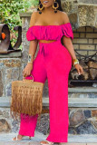 Rose Red Sexy Casual Solid Backless Off the Shoulder Regular Jumpsuits