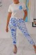 Blue White Fashion Casual Print Letter O Neck Short Sleeve Two Pieces