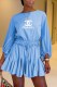Light Blue Fashion Casual Print Letter O Neck Loose Rompers