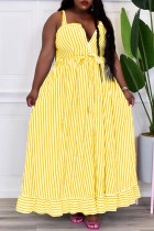 Yellow Casual Sweet Striped Print Patchwork Buckle Spaghetti Strap Sling Dress Dresses